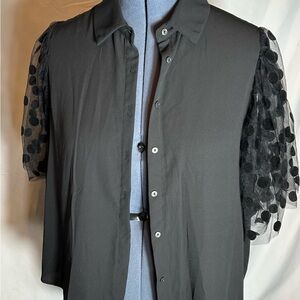 Elegant Black women’s  blouse W/ Sheer Polka Dot Sleeves